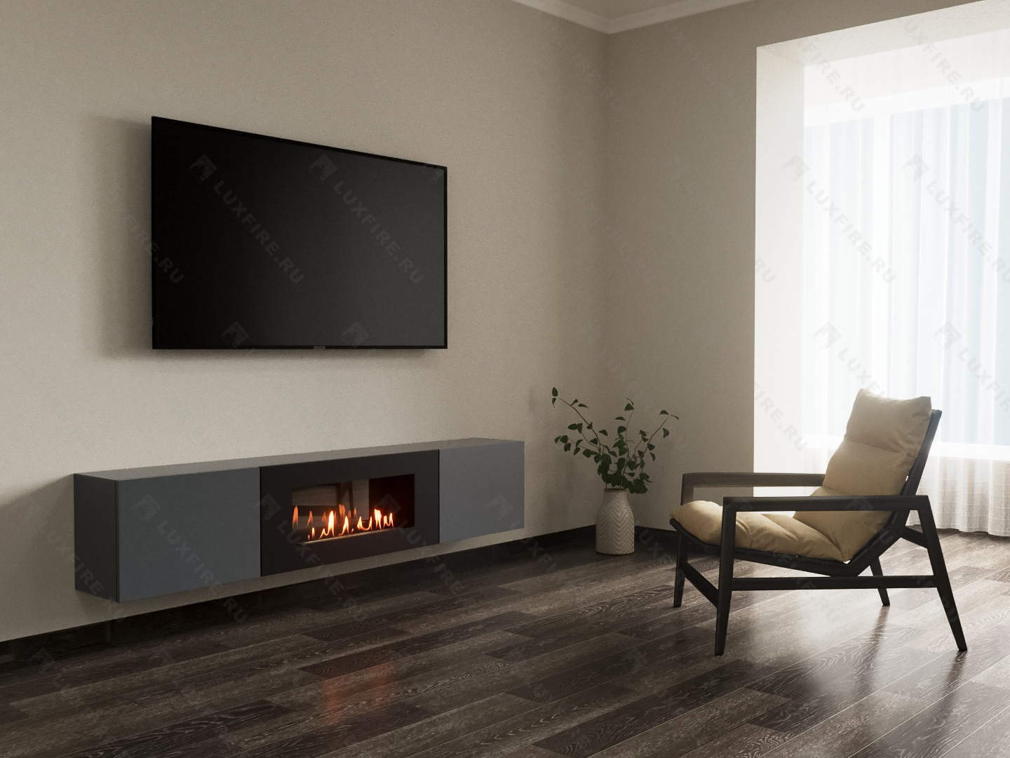 Тумба ТВ Lux Fire "Енисей" настенная 2000 матовая, графит с биокамином 900 по цене 92 997 руб.